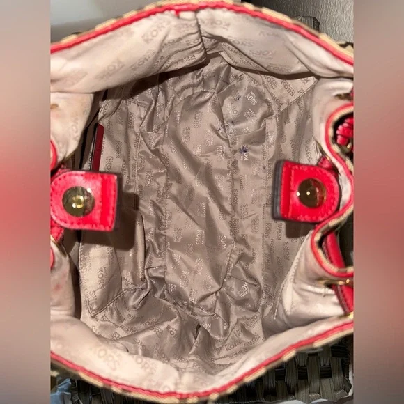 Michael Kors MK Logo Canvas Tote Bag Brown Red Leather Handles Tassel Purse - Picture 12 of 17